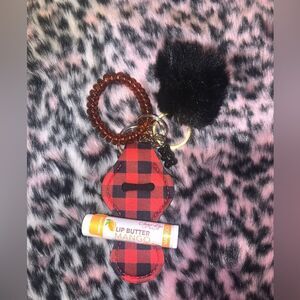Red Flannel Chapstick Holder Keychain Set